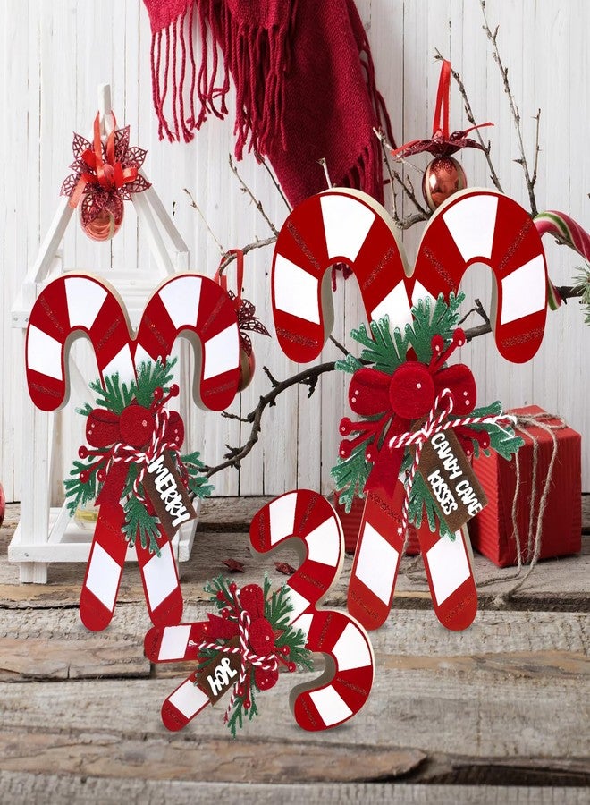 Teeloray 3 Pcs Christmas Candy Cane Wooden Table Decorations 3D Glitter Candy Cane Decor Farmhouse Tabletop Wooden Sign Red and White Christmas Tiered Tray Decor Xmas Home Kitchen Centerpieces for Tables - Image 4